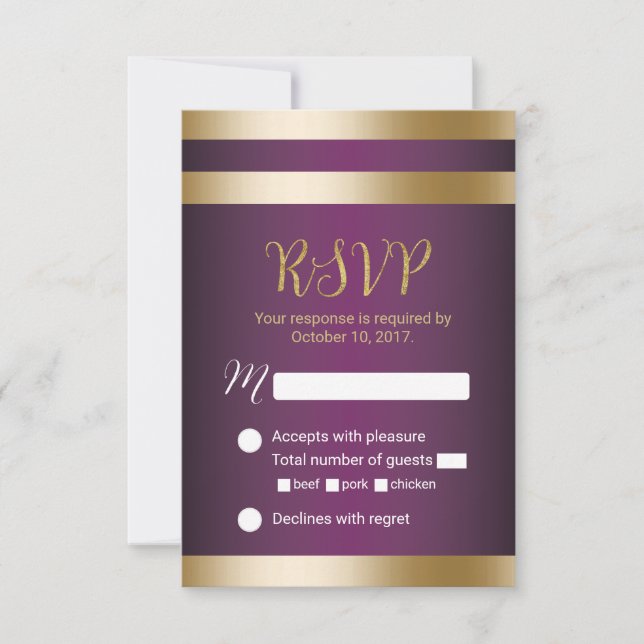 Gold Foil Stripes Elegant Purple Wedding RSVP Card (Front)