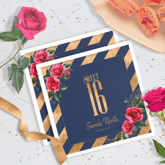 Gold Foil Stripes Floral Navy Blue ID757 Napkin (Creator Uploaded)