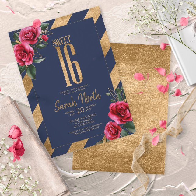 Gold Foil Stripes Floral Navy ID757 Invitation (Creator Uploaded)