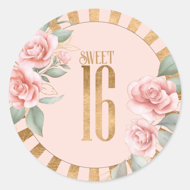 Gold Foil Stripes Floral Sweet Sixteen Blush ID757 Classic Round Sticker (Front)
