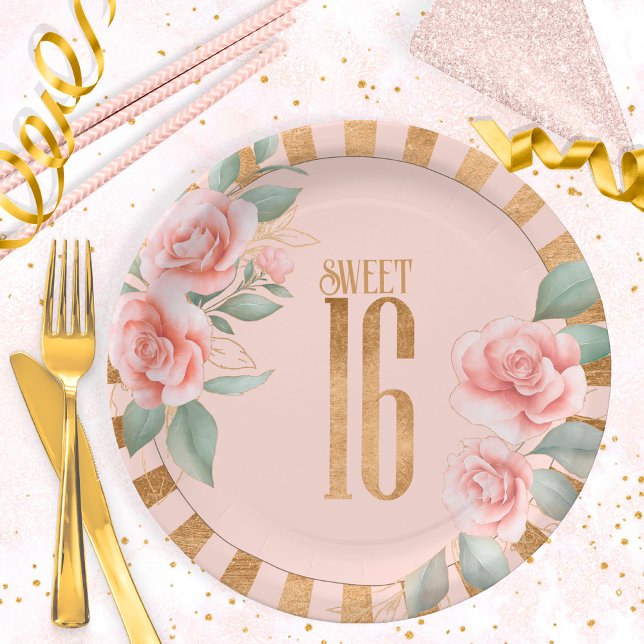 Gold Foil Stripes Floral Sweet Sixteen Blush ID757 Paper Plate (Creator Uploaded)