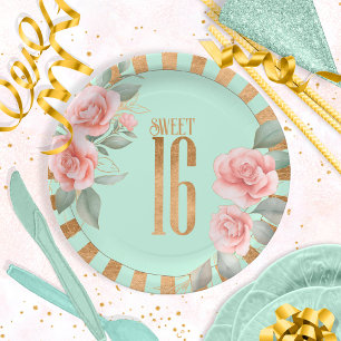 Gold Foil Stripes Floral Sweet Sixteen Mint ID757 Paper Plate
