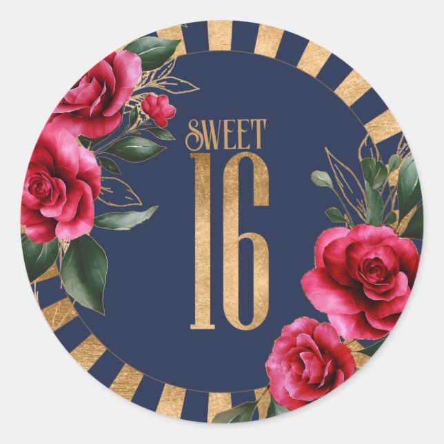 Gold Foil Stripes Floral Sweet Sixteen Navy ID757 Classic Round Sticker (Front)