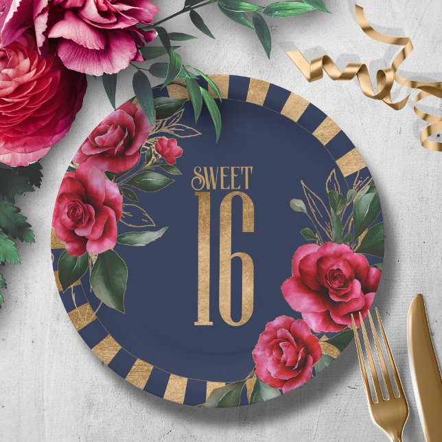 Gold Foil Stripes Floral Sweet Sixteen Navy ID757 Paper Plate (Creator Uploaded)