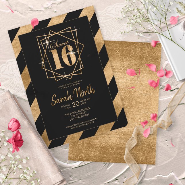 Gold Foil Stripes Frame Sweet 16 Black ID758 Invitation (Creator Uploaded)