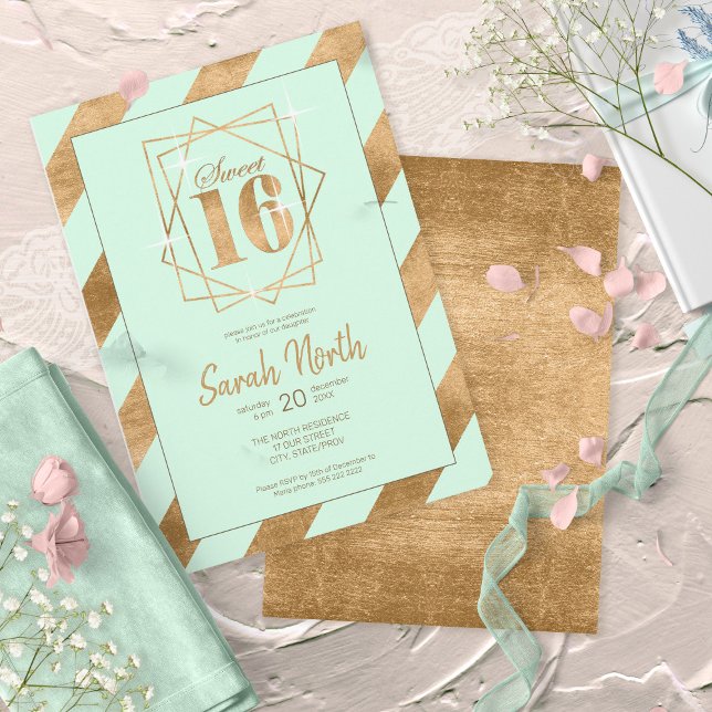Gold Foil Stripes Frame Sweet 16 Mint ID758 Invitation (Creator Uploaded)