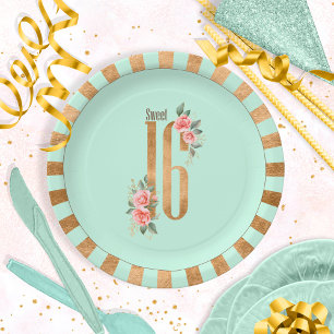 Gold Foil Stripes Sweet Sixteen Mint Green ID756 Paper Plate