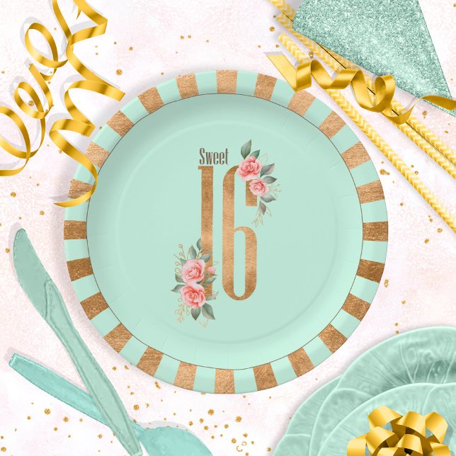 Gold Foil Stripes Sweet Sixteen Mint Green ID756 Paper Plate (Creator Uploaded)