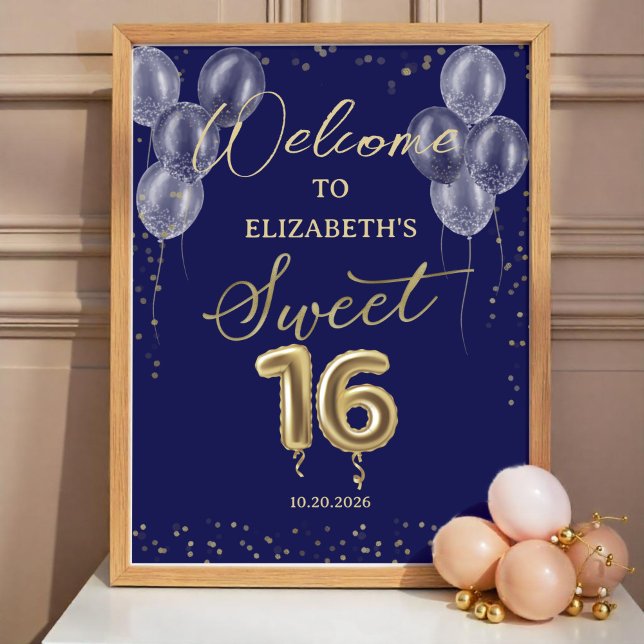 Gold Foil Sweet 16 Balloons Blue Welcome Sign  (Creator Uploaded)