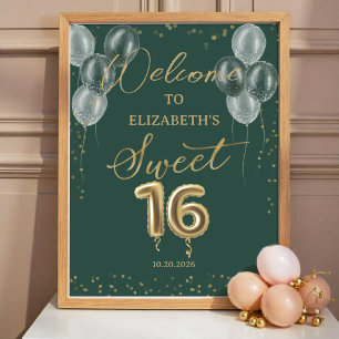 Gold Foil Sweet 16 Balloons Green Welcome Sign