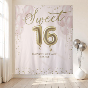 Gold Foil Sweet 16 Balloons Pink Backdrop Tapestry