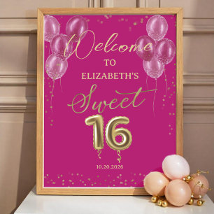 Gold Foil Sweet 16 Balloons Pink Welcome Sign