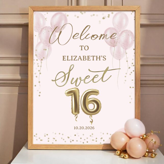 Gold Foil Sweet 16 Balloons Pink Welcome Sign  (Creator Uploaded)