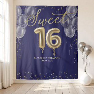 Gold Foil Sweet 16 Balloons Royal Blue Backdrop Tapestry