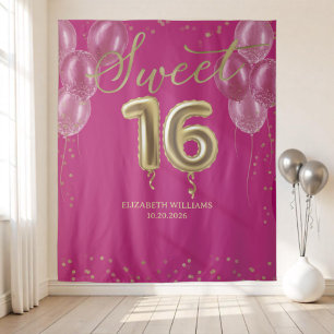 Gold Foil Sweet 16 Bday Balloons Hot Pink Backdrop Tapestry