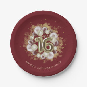 Gold Foil Sweet 16 Bday Balloons Party Burgundy Paper Plate