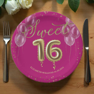 Gold Foil Sweet 16 Bday Balloons Party Hot Pink Pa Paper Plate