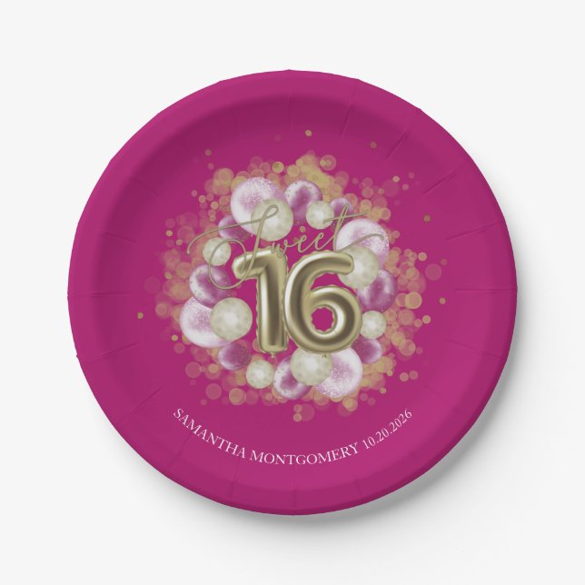Gold Foil Sweet 16 Bday Balloons Party Hot Pink Paper Plate (Front)