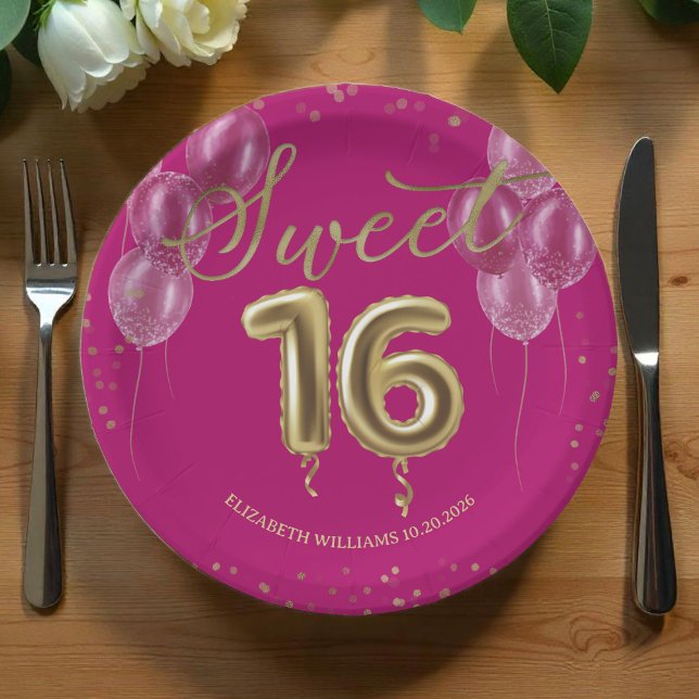 Gold Foil Sweet 16 Bday Balloons Party Hot Pink Paper Plate (Creator Uploaded)