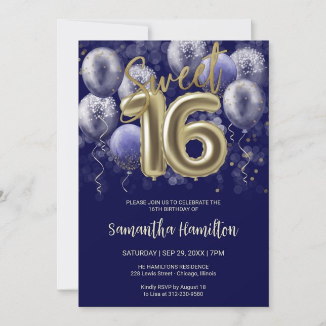 Gold Foil Sweet 16 Bday Balloons Party Royal Blue Invitation (Front)