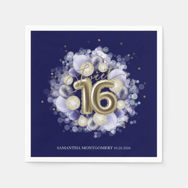 Gold Foil Sweet 16 Bday Balloons Party Royal Blue Napkin (Front)