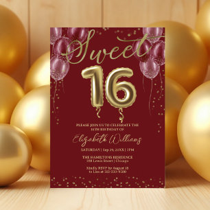 Gold Foil Sweet 16 Birthday Balloons Burgundy Invitation