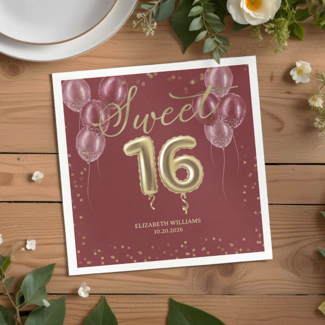 Gold Foil Sweet 16 Birthday Balloons Burgundy Napk Napkin (Creator Uploaded)