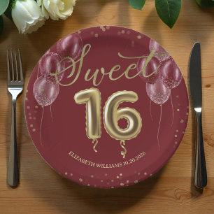 Gold Foil Sweet 16 Birthday Balloons Burgundy Pape Paper Plate