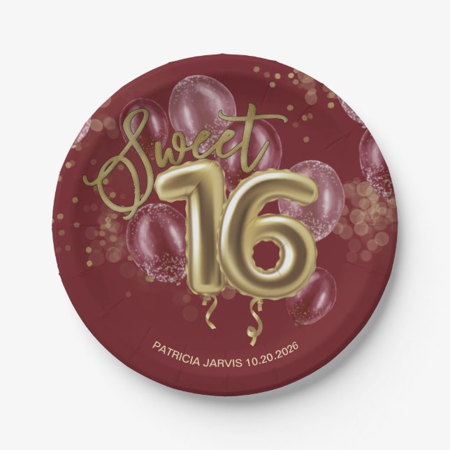 Gold Foil Sweet 16 Birthday Balloons Burgundy Paper Plate (Front)