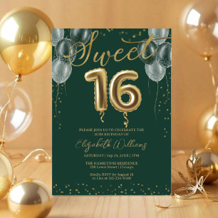Gold Foil Sweet 16 Birthday Balloons Green Party Invitation