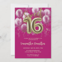 Gold Foil Sweet 16 Birthday Balloons Hot Pink