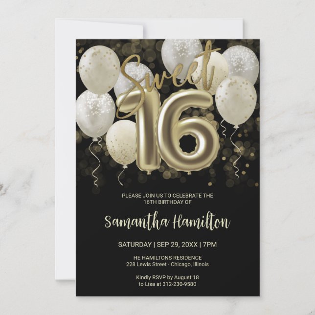 Gold Foil Sweet 16 Birthday Balloons Party Black Invitation (Front)