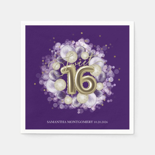 Gold Foil Sweet 16 Birthday Balloons Party Purple Napkin (Front)