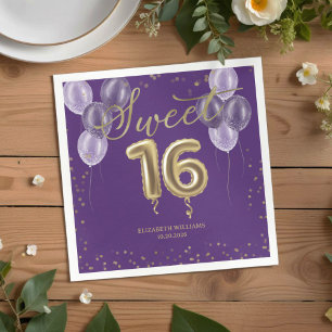 Gold Foil Sweet 16 Birthday Balloons Party Purple Napkin