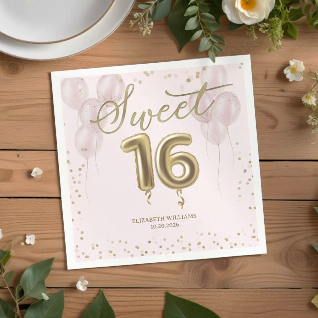 Gold Foil Sweet 16 Birthday Balloons Pink Napkin (Creator Uploaded)