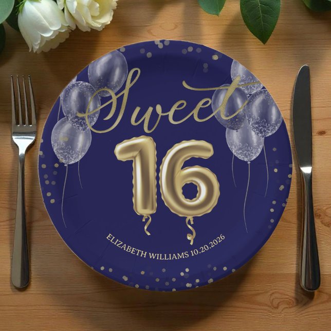 Gold Foil Sweet 16 Birthday Balloons Royal Blue Paper Plate (Creator Uploaded)