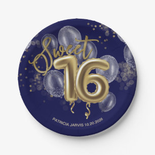 Gold Foil Sweet 16 Birthday Balloons Royal Blue Paper Plate