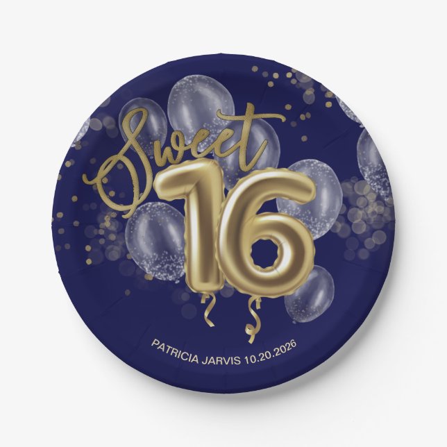 Gold Foil Sweet 16 Birthday Balloons Royal Blue Paper Plate (Front)