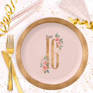 Gold Foil Sweet Sixteen Blush ID756 Paper Plate