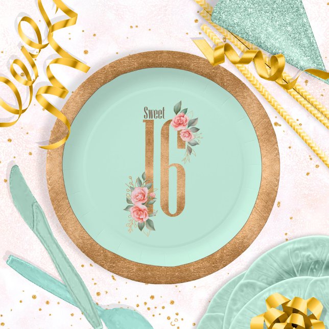 Gold Foil Sweet Sixteen Mint Green ID756 Paper Plate (Creator Uploaded)