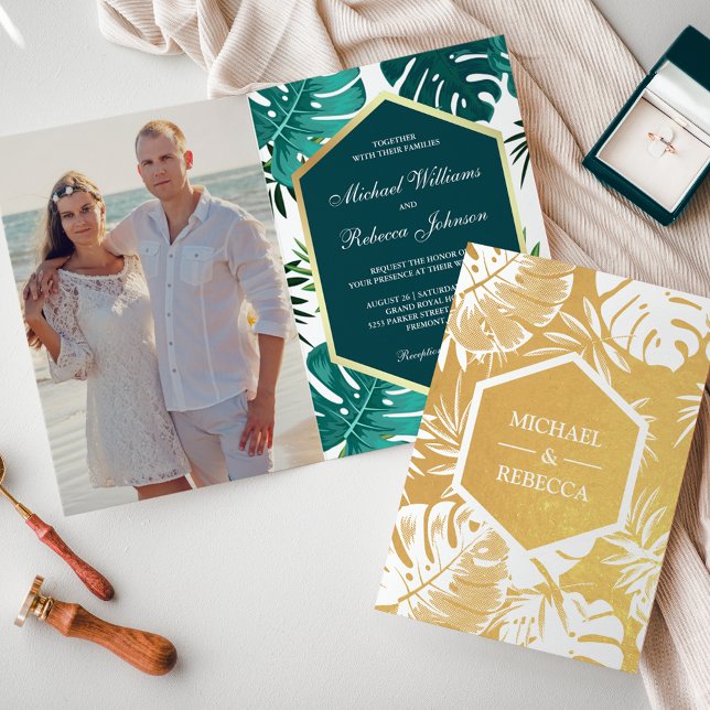 Gold Foil Teal Green Monstera Wedding Invitation (Creator Uploaded)