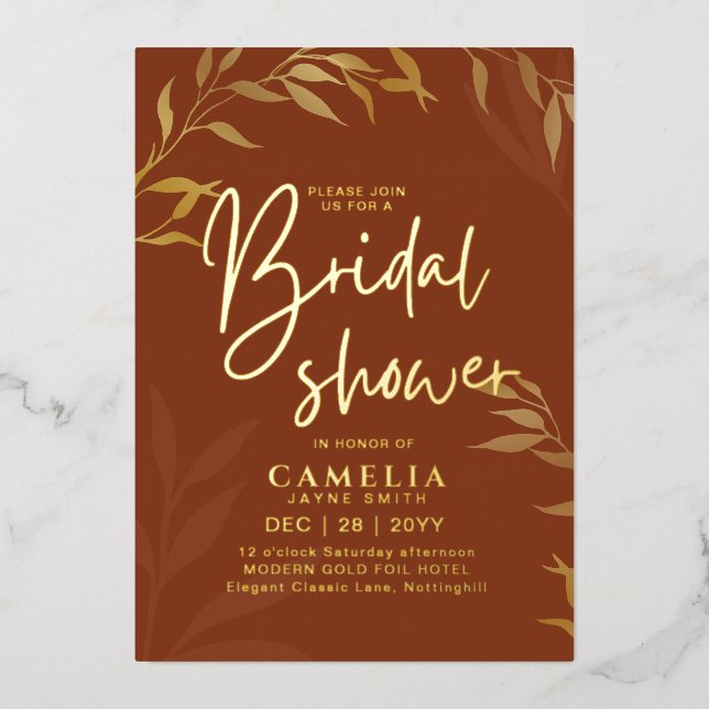 Gold Foil Terracotta Leaves BRIDAL SHOWER QR Code (Front)