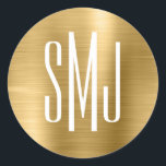 Gold Foil Three Letter Monogram Classic Round Sticker<br><div class="desc">A simple three letter monogram design on favour stickers. 
Wedding couple 3-letter monogram envelope seals. 
The background features a faux golden ombre metallic foil digital art graphic.
The digital art effect prints like a photo with a monogrammed text design.</div>