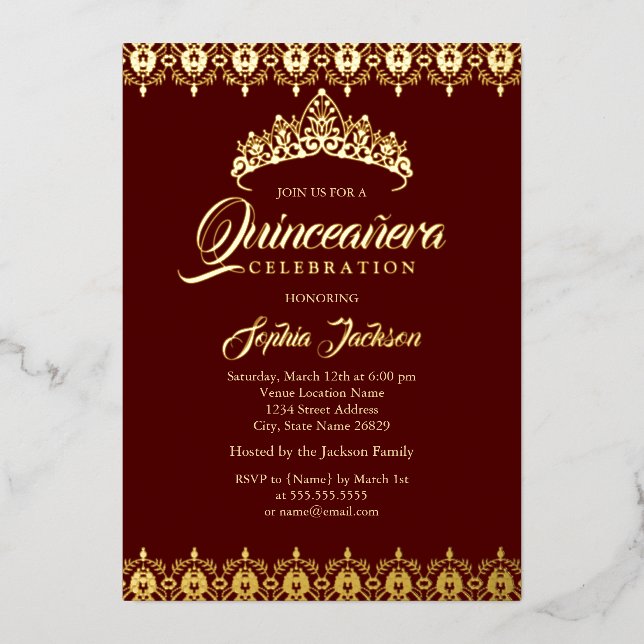 Gold foil Tiara Burgundy Quinceanera (Front)