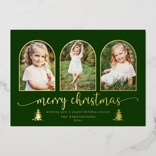 Gold Foil Trees 3 Arch Christmas Photo (Front)