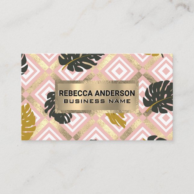 Gold Foil Trim | Natural Leaves Pattern Business Card (Front)