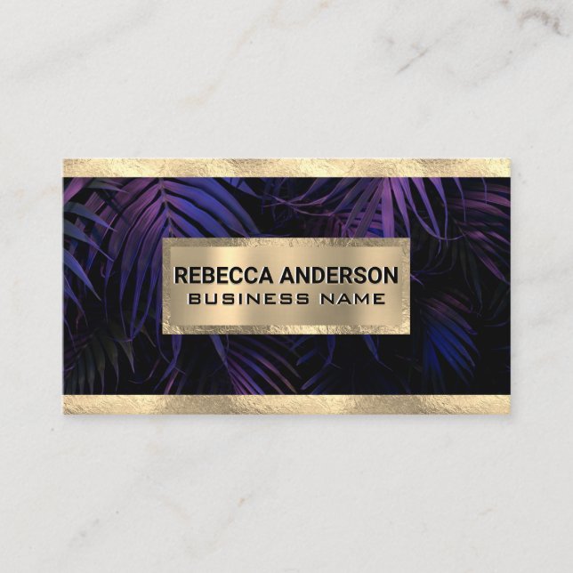 Gold Foil Trim | Purple Palm Leaves Business Card (Front)