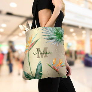Gold Foil Tropical Island Floral Monogram Script Tote Bag