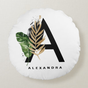 Gold Foil Tropical Letter A Monogram Personalised Round Cushion