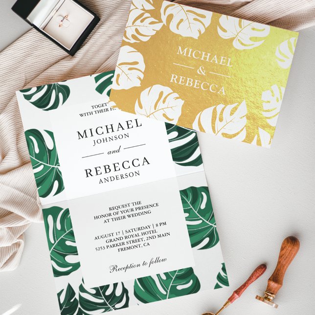 Gold Foil Tropical Monstera Wedding Invitation (Creator Uploaded)